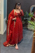 Stunning Red Faux Georgette Gown Bottom With Dupatta For Traditional Wear