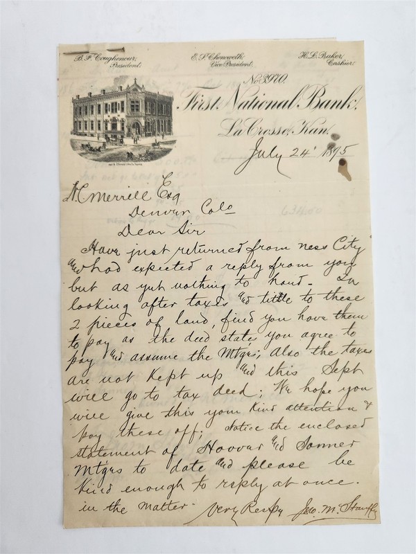 1895 antique FIRST NATIONAL BANK la crosse ks LETTER MTG TAX DUE denver MERRILL
