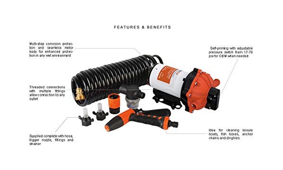 aqxreight Washdown Deck Wash Pump KIT, Washdown Deck Cleaning Pump Set 12V Fresh Seawater Flow 5.0 GPM 70PSI Washdown Pump Suitable for RV Boat Marine