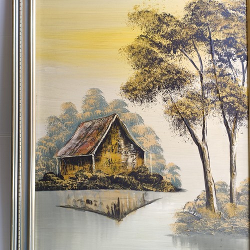 Landscape Oil Painting Vintage Yellow Original Australian Outback Rustic Cabin - Picture 2 of 8