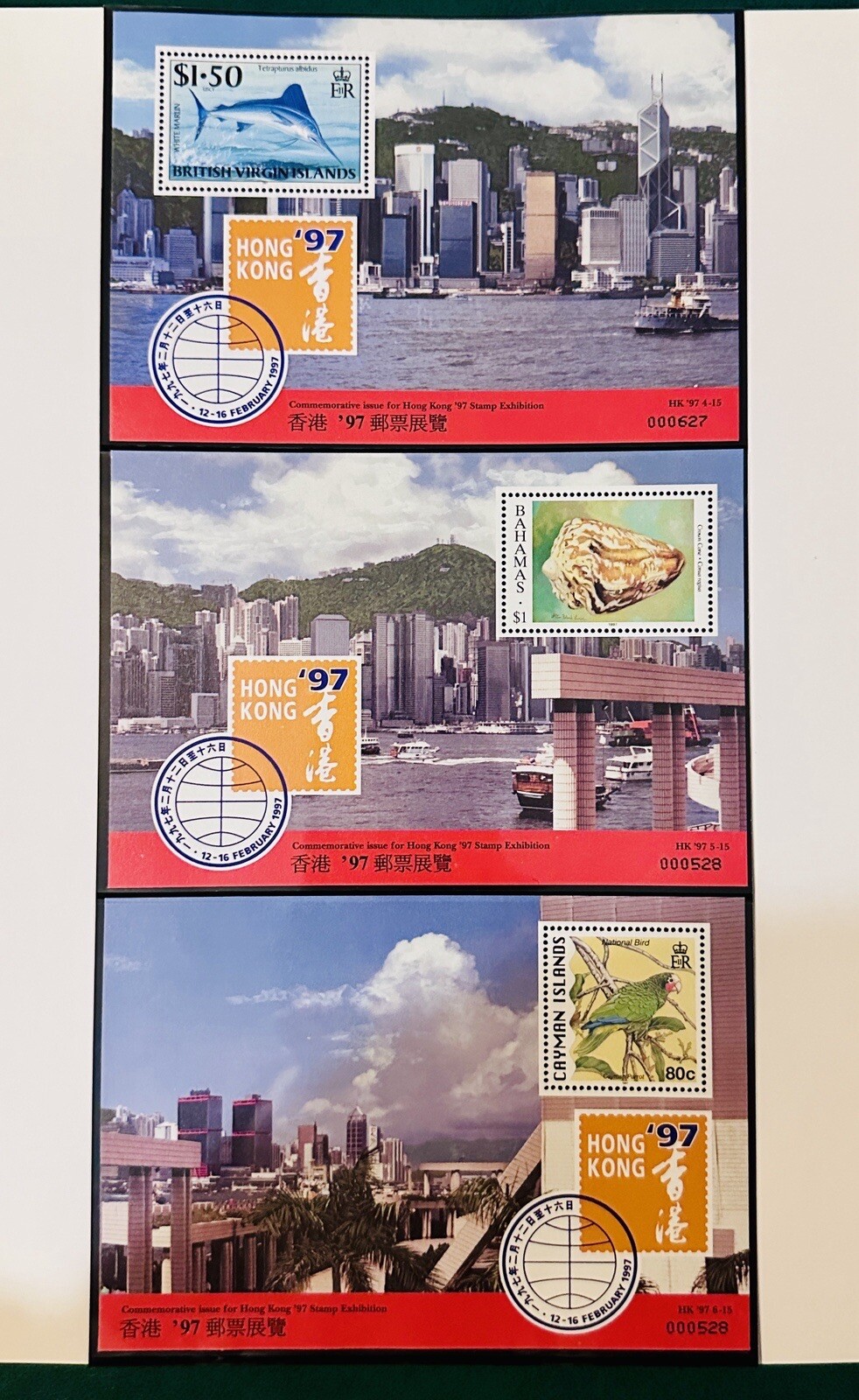 Bahamas - BRITISH VIRGIN ISLANDS - CAYMAN ISLAND 1997 3 STAMP SHEETS HONG KONG