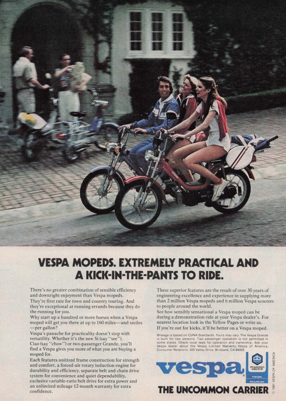 1981 Vintage Print Ad Vespa Mopeds, Extremely Practical and a Kick-in-the-Pants