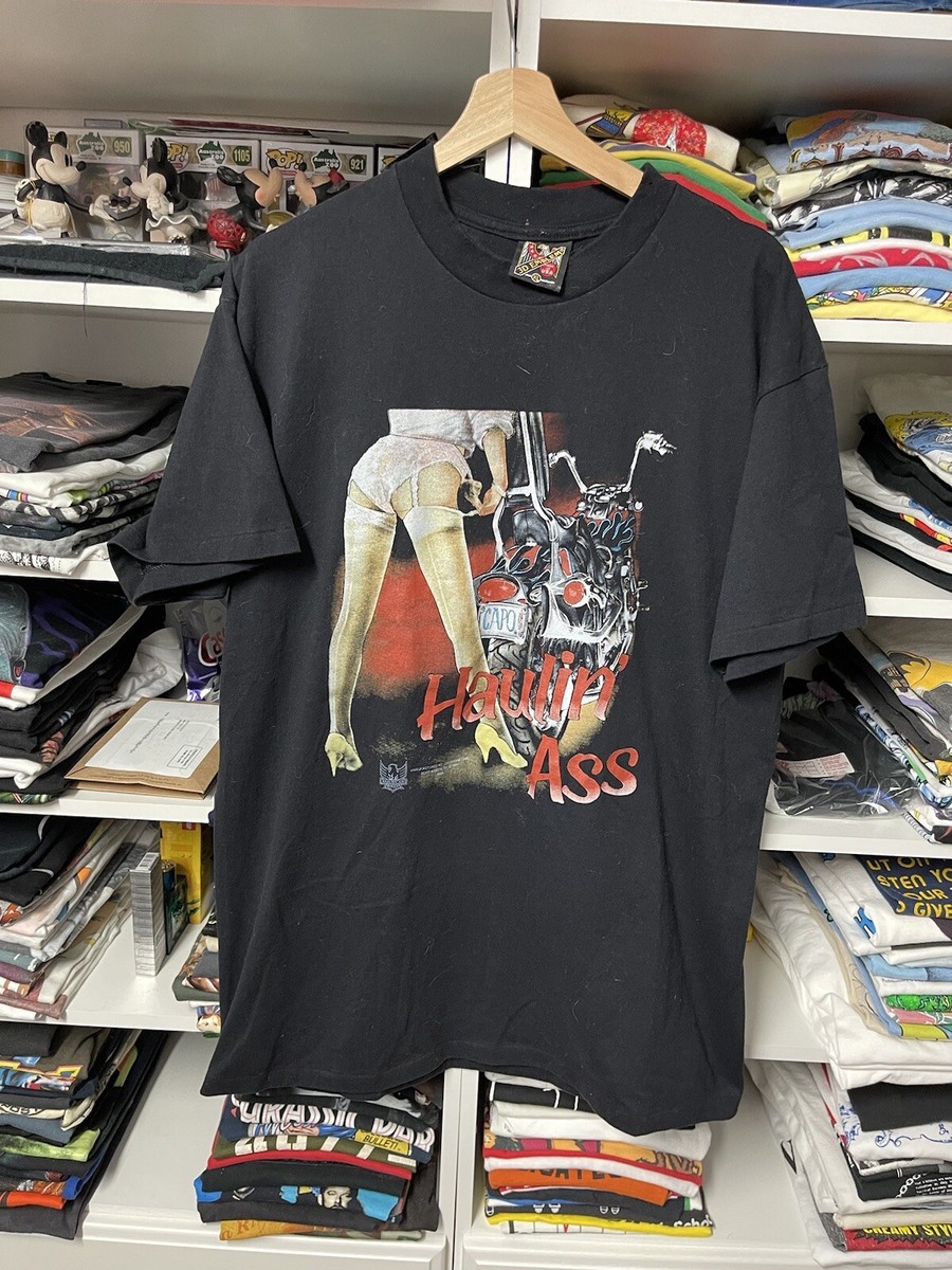 Vintage 90s 3D Emblem Haulin Ass Biker Motorcycle Black T-Shirt