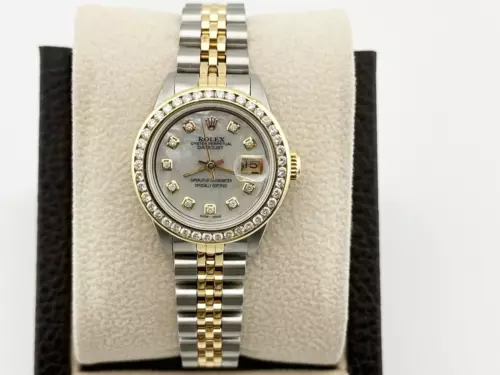 Rolex Ladies Datejust 69173 White MOP Diamond Dial Bezel Steel 18K Yellow Gold