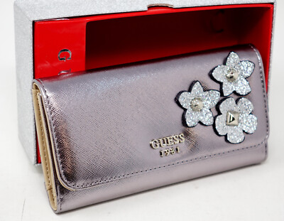 GUESS Liya Metallic Silver 3 D Floral Trifold Wallet Clutch Bag + Gift Box