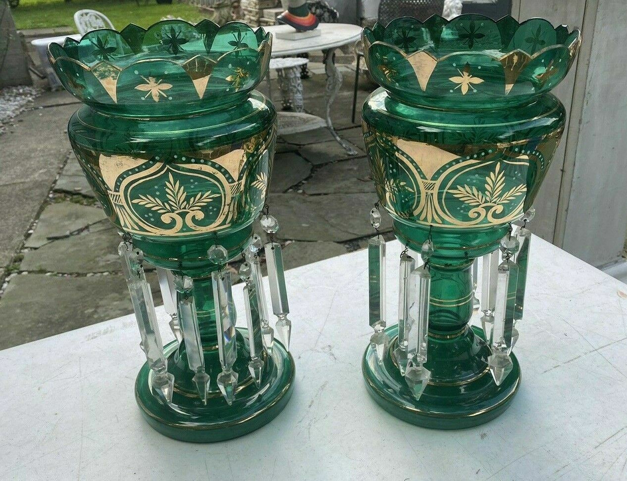 PAIR OF ANTIQUE VICTORIAN ART GLASS MANTLE LUSTERS EMERALD GREEN & GILT
