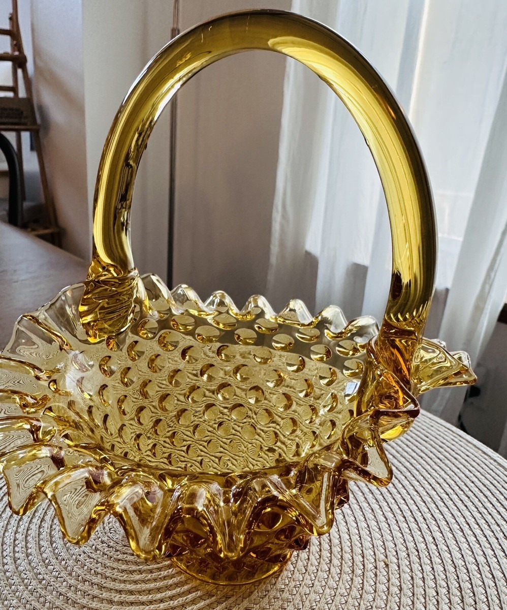 Vintage Fenton Amber Brown Golden Art Glass Basket Hobnail Ruffle