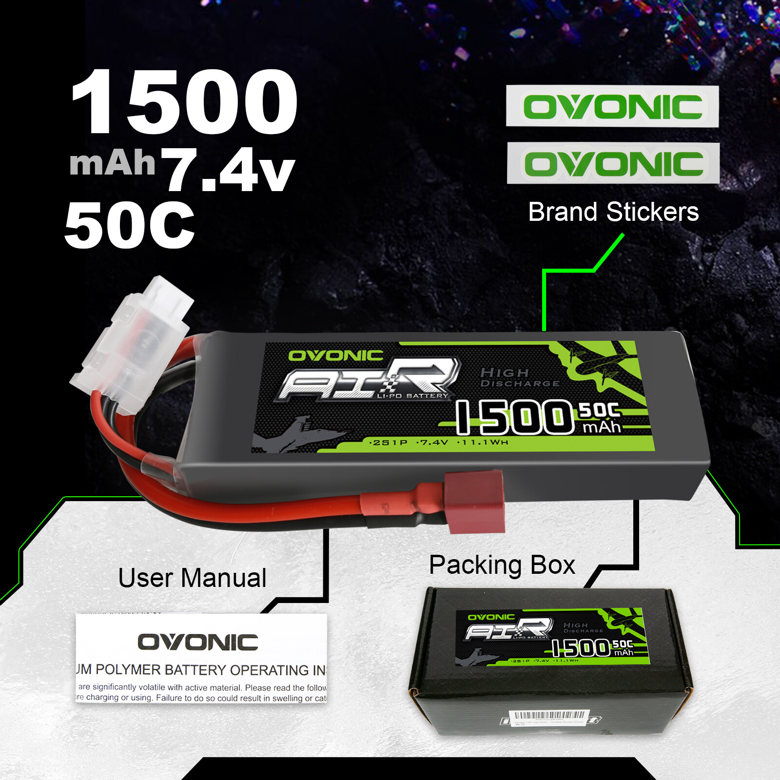 2x OVONIC 7.4V 50C 2S 1500mAh Lipo Battery with T for RC Car Truck rock crawler