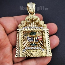 HIP HOP ICED CUBIC ZIRCONIA GOLD PLATED PUERTO RICO FLAG PALM TREE CHARM PENDANT