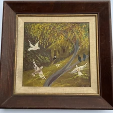 MID CENTURY PAINTING BLACK FOLK ART JOSE RUIZ SIGNED LANDSCAPE BIRDS PORTRAIT