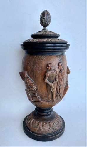 Antique Chalice Wooden Carved History Historied Scene Silver Handle - Picture 5 of 12