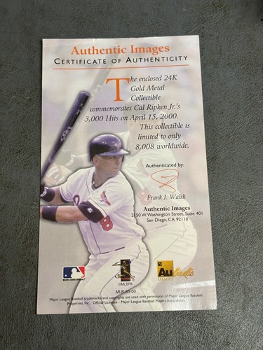 Cal Ripken Jr. 22kt/24kt Gold Milestone Cards - Danbury & Authentic Images + COA - Picture 13 of 13