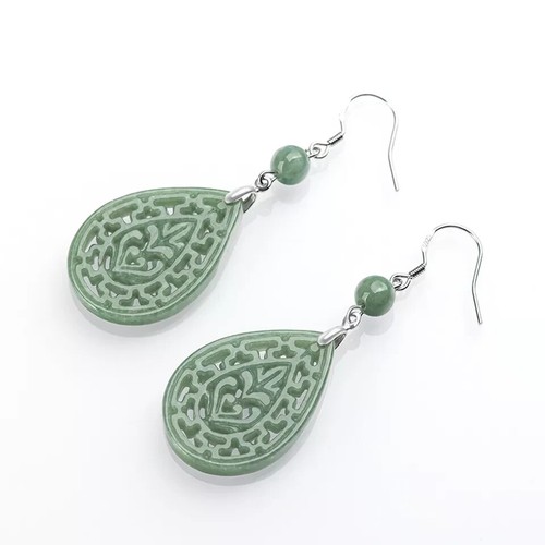 925 Grade Jade Sterling Silver Natural A Jadeite Hollow Carved Dangle Earrings - Picture 3 of 6