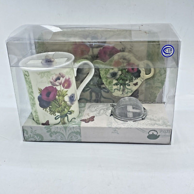 Tea For One Set Bone China Mug Tea Strainer Tray & Tea Bag Rest Melamine