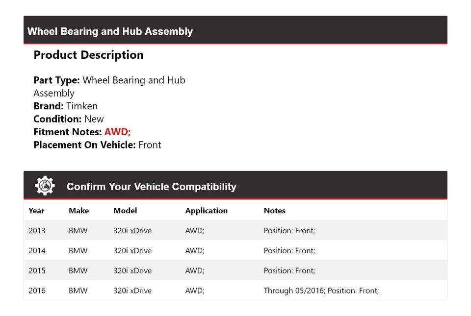 Conjunto de cojinete de rueda y buje delantero Timken para BMW 320i xDrive 2013-2016 AWD Foto 2 de 4