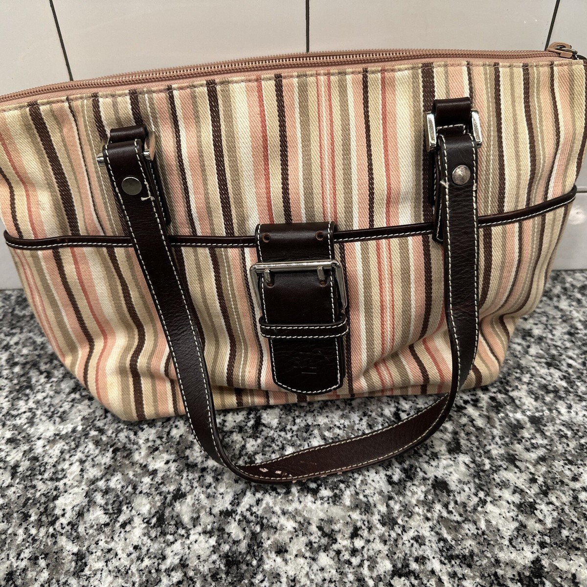 Lauren Ralph Lauren Striped Canvas Medium Tote Purse Handbag~14” X