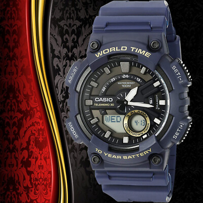 Casio AEQ-110W-2AV Mens Blue 100M World Time Digital Watch Analog Sports New