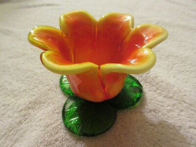 Vintage Art Glass Flower Votive Candle Holder Orange Yellow Green