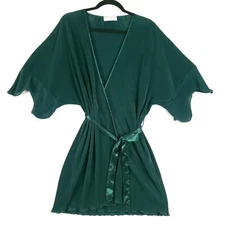 Vintage Val Mode Pleated Robe Womens Small Hunter Green Satin Tie Waist 80s