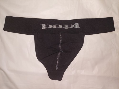 PAPI MENS UNDERWEAR THONG COLOR BLACK W GLITTER TEXT ELASTIC BAND SIZE MEDIUM M