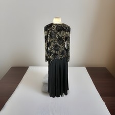 Vintage 1980s Morgan Taylor Evening 100% Silk Black Gold Beaded Sequins Dress 4