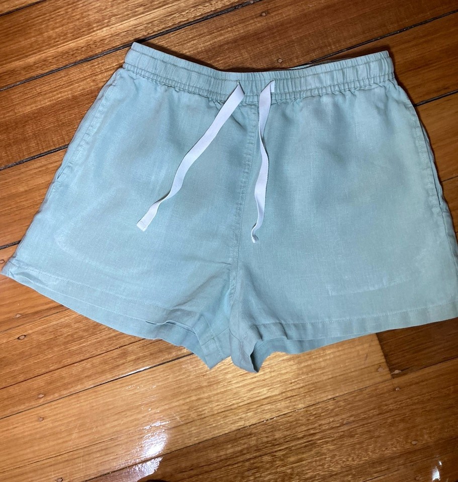 Assembly Label Women's Green 100% Linen Drawstring Shorts Elastic Waist Size 10
