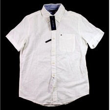 Tommy Hilfiger Shirt Mens S White Linen Button Down Collar Short Sleeve 69 NEW
