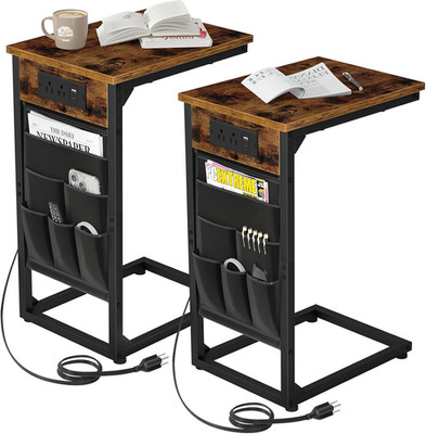 C Shaped End Table Set with Charging Station & USB Ports - Rustic Brown