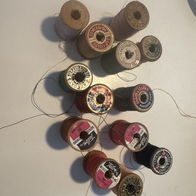Lot (13) Rolls Vintage Wooden Spools Sm Thread Coats Talon Etc