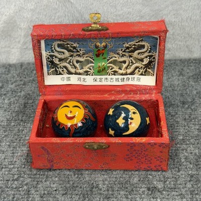 Cloisonne Baoding Balls Sun Moon Silk Box Chinese Feng Shui Ancient City Health