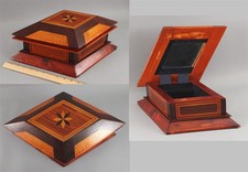 Lrg Antique Victorian Folk Art Inlaid Wood Diamond Shape Vanity Dresser Box, NR