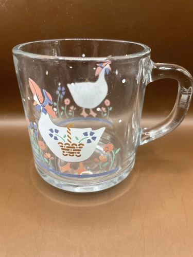 Vintage Anchor Hocking Glass Mug Featuring A Goose Design.  Blue Belle Design