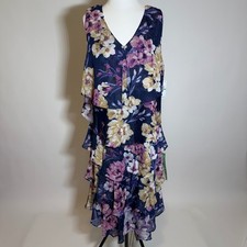 NWT SL Fashions Navy Multi Floral Tiered Chiffon Sleeveless Dress Womens Size 16