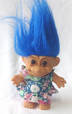 Vintage 4'' Russ Troll Doll with Blue Hair Floral Top & Pink Shorts Clothes Torn