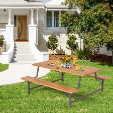 Acacia Wood Patio Picnic Table Bench Set w/ 2" Umbrella Hole 71" Tabletop