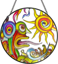 Artistic Sunrise Suncatcher Stained Glass Window Hanging, 7.9'' Abstract Sun Fac
