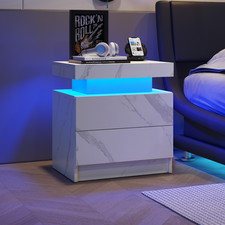 Nightstand LED Nightstand Light with 2 Drawers Bedroom White Stone