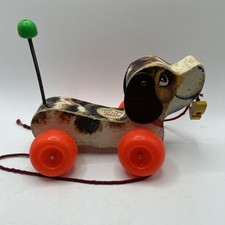 VINTAGE 1968 Fisher Price LITTLE SNOOPY Pull Wooden Toy Dog Wheels USA MADE