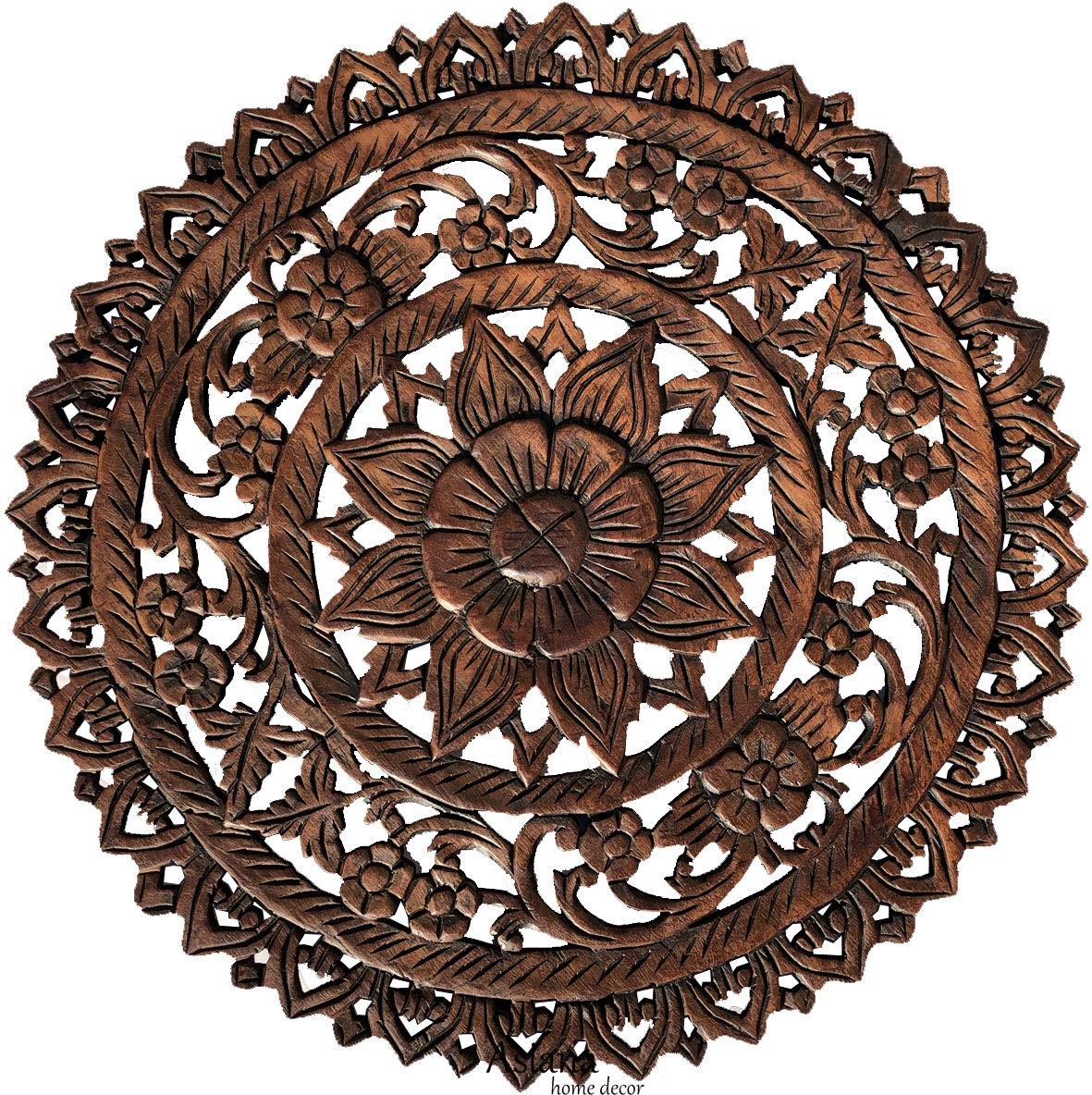 Medallion Tropical Bali Floral Wood Carved Wall Art Plaque - 24