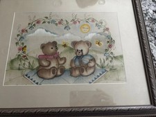 Vintage Child/Baby Nursery Decor Pink  Blue Bears Framed Wall Art signed