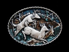 NE07134 NOS VINTAGE 1987  DEER IN FOREST  NATURE PEWTER BELT BUCKLE