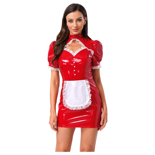 Women's French Maid Shiny Latex Lace Maid Dress Cosplay Party Nightclub Outfits - Picture 9 of 44