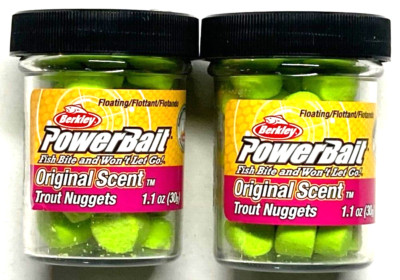 2 Jars Berkley PowerBait Chartreuse Trout Bait Nuggets Original Scent 1.1oz BPNC