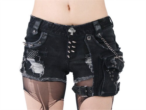 Punk Rave Steam Punk Women Denim Shorts Black Elastic Shorts Rock Revits Shorts - Picture 7 of 21