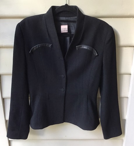 Covers Black Crepe Jacket 100% Wool 8 XS Leather Trim Fitted Lined Vintage EUC