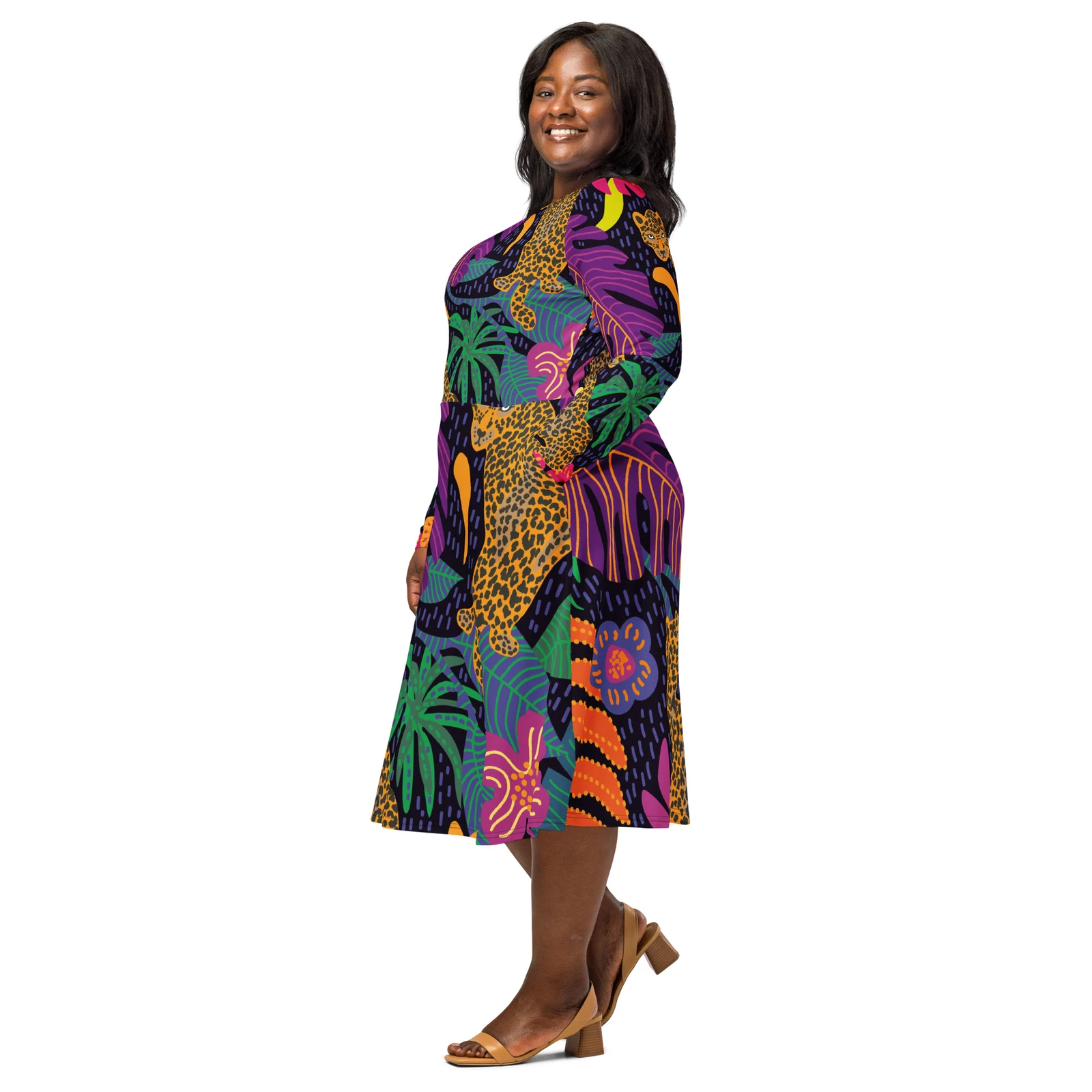 All-Over Print Long Sleeve Midi Dress