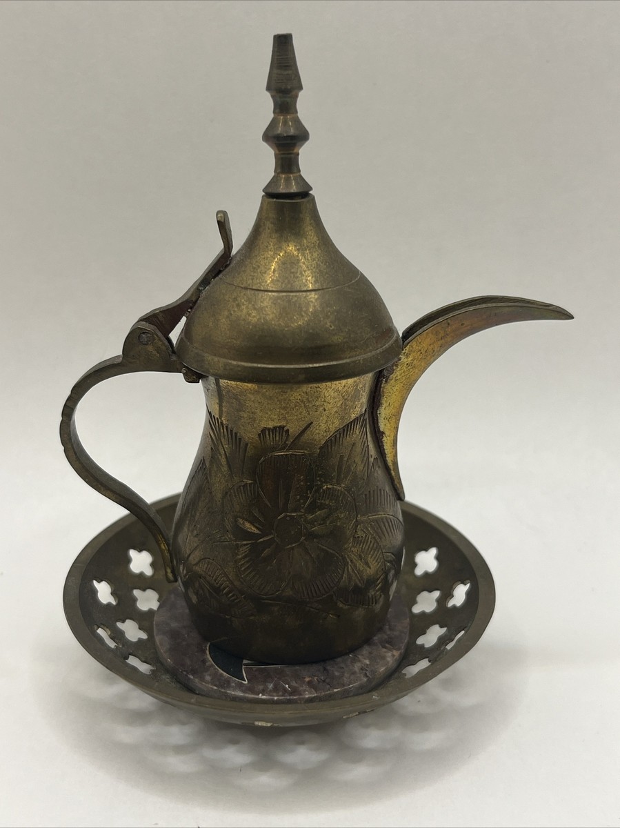 Vintage Islamic Arabic Brass Dallah Coffee Pot 4.25”T Flower