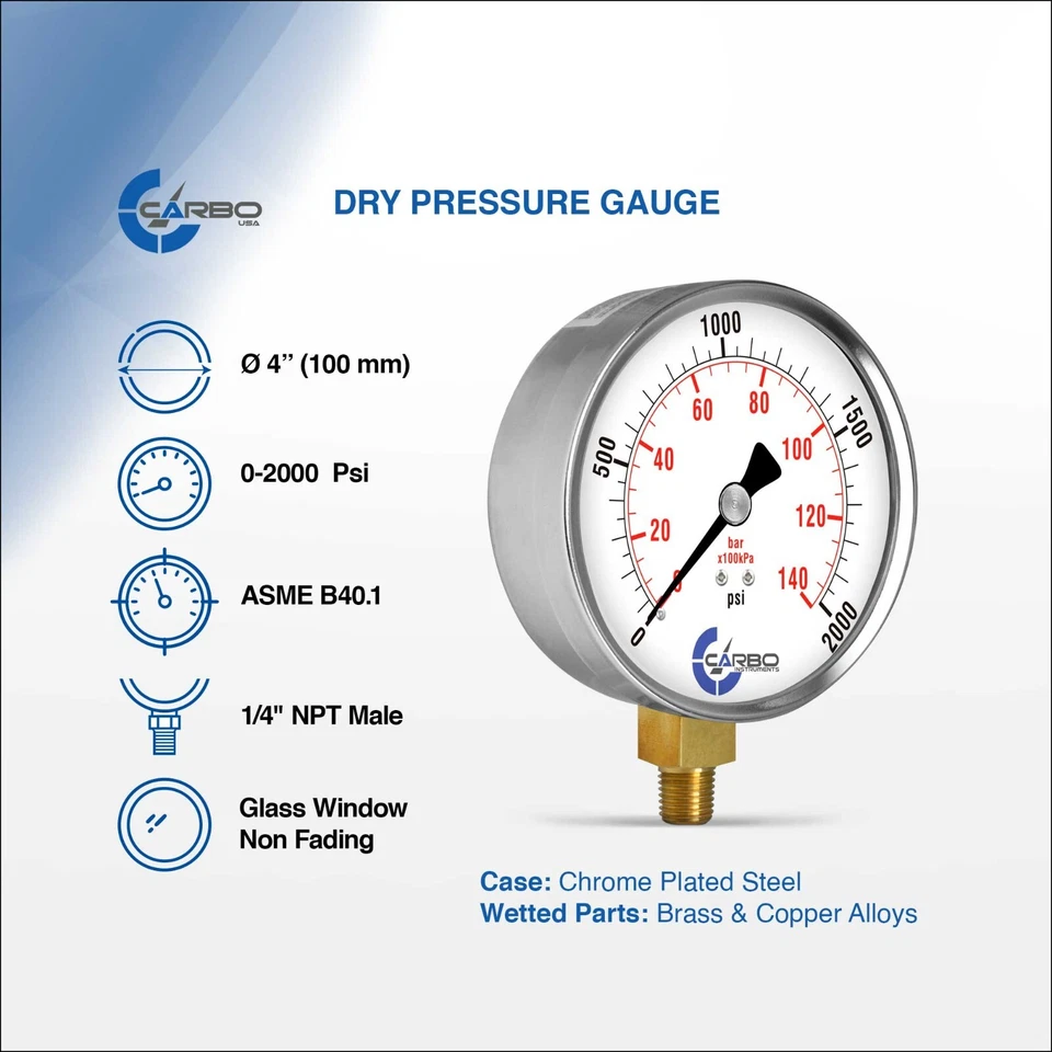 4" Pressure Gauge - Chrome Plated Steel Case, 1/4"NPT, Lower Side Mnt. 2000 PSI - Image 2 of 4