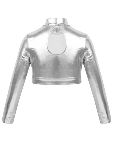 Kids Girls Shiny Crop Top Long Sleeves T-Shirt Tops for Gymnastics Hip-Hop Dance - Picture 23 of 70