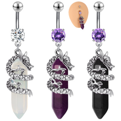 14G Dragon Alloy Belly Button Rings Natural Stone Dangle Navel Piercing Jewelry